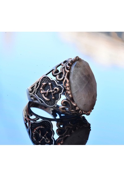 Gerçek Doğal Safir Taş Yüzük, Denizci Yüzüğü, 14.25 Karat, Çapa Yüzüğü, Gümüş Sterling Gümüş