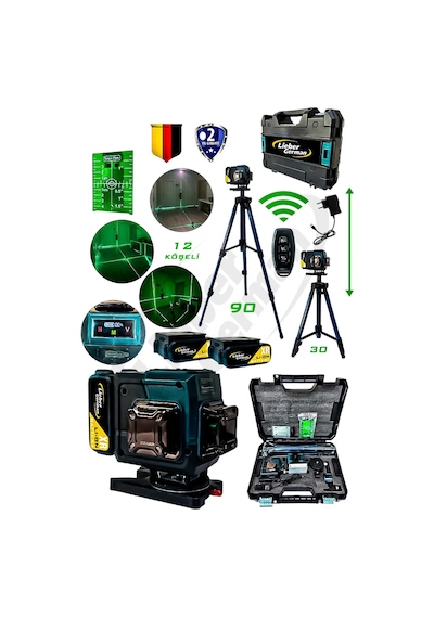 Lieber German Teknoloji 360 2x Akülü Kumandalı 12 Köşe Tripodlu 65 Metre Mesafeli Hizalama Lazer Metre