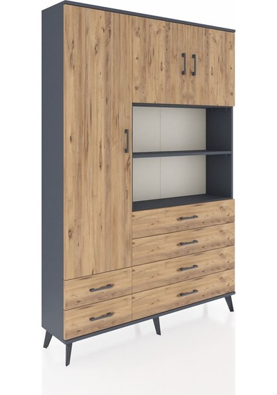 Arges Dolap 8 Raflı 6 Çekmeceli 3 Kapaklı 132x30x195 Antrasit-çam/çam Atlas Çam/atlas Çam
