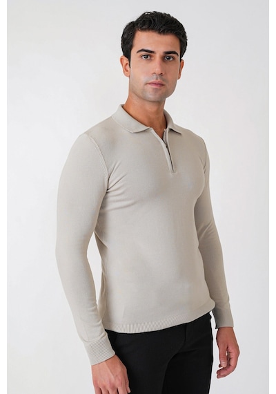 Slim Fit Esnek Pamuklu Fermuarlı Polo Yaka Taş Triko Tr 902
