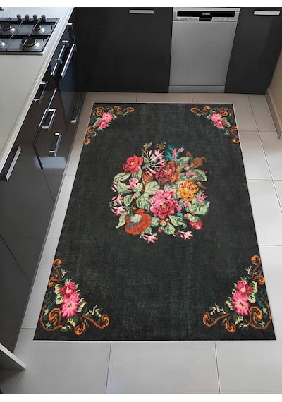 Çiçek Motifli Modern Halı Dekoratif Kilim Siyah