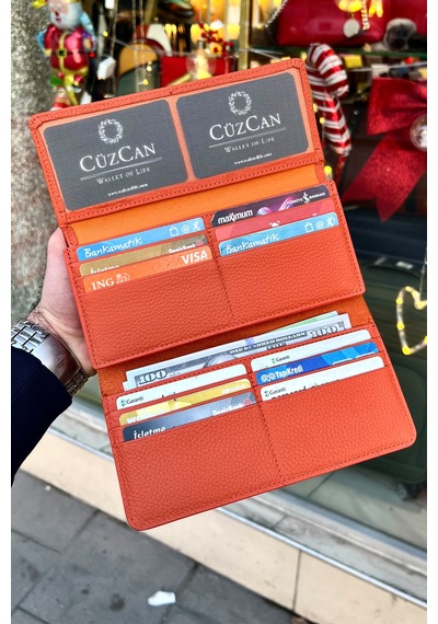 Turuncu Saraç Dikişli Hakiki Deri Kadın Cüzdan 19x9cm Turuncu