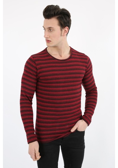Modish Çizgili Sıfır Yaka Erkek Günlük Sweatshirt Bordo