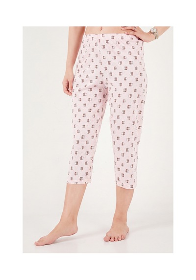 Lela Desenli Pamuklu Bisiklet Yaka Kaprili Pijama Takımı Bayan Pijama Takımı 65790787 Pudra