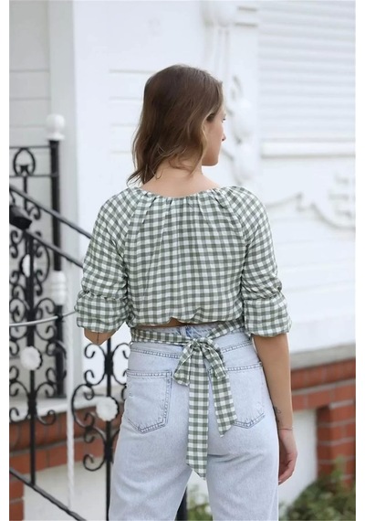 Lodmela Bağlama Detaylı Crop Bluz 1736yeşil