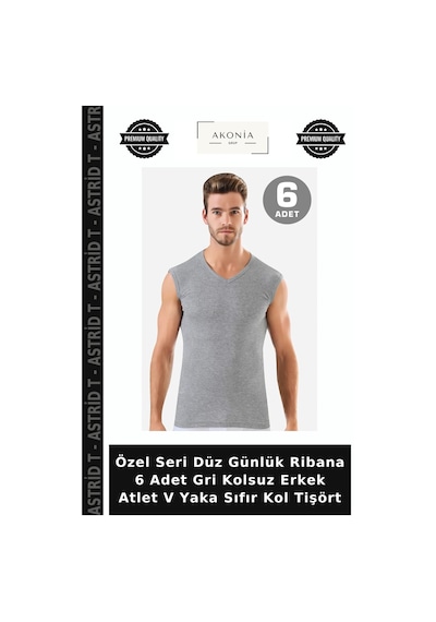 Astrid T Özel Seri Düz Günlük Ribana 6 Adet Gri Kolsuz Erkek Atlet V Yaka Sıfır Kol Tişört Gri-6