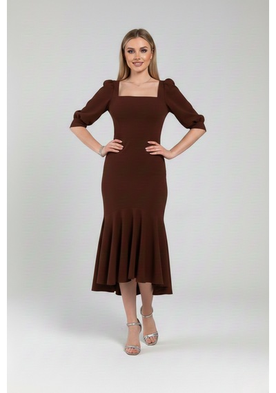 Defymoda Kadın Balık Model Cazibeli Elbise Kahverengi