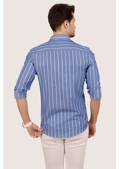 Erkek Mavi Beyaz Çizgili Slimfit Kutulu Gömlek Mavi