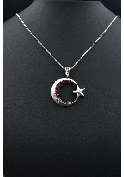 Ay Yıldızlı Ayyıldızlı Kırmızı Zirkon Taş Süslemeli 925 Ayar Gümüş Kolye Zincir 901109