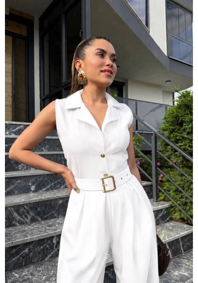 Meecy Kadın Zra Model Sıfır Kol Düğmeli Kemerli Tulum Beyaz Beyaz