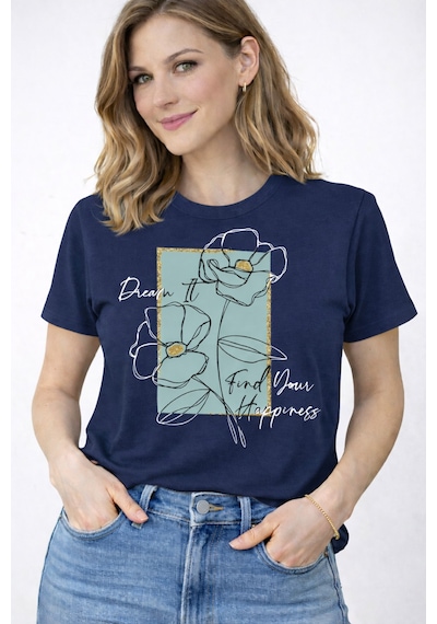 Herkesemoda Find Your Happiness Baskı Detaylı Kadın Bisiklet Yaka Pamuklu T-shirt Lacivert