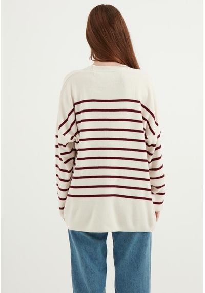 Cizgili Oversize Ekru Hırka 23aj0050 Ekru