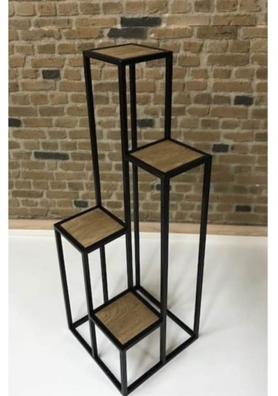 Çiçeklik Zlf Dekoratif Kule Model Metal Transmisyon Çelik Siyah Statik Boya Ahşap tabla El Yapım