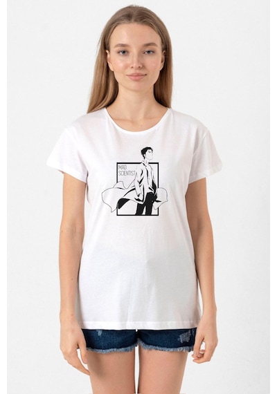 Steins Gate Rintarou Mad Scientist Beyaz Kadın Bisikletyaka Tshirt Beyaz