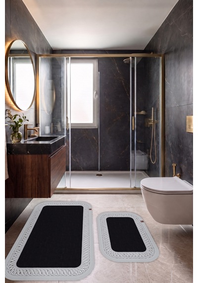 Banyo Paspası Takımı 70x110+50x70 Cm İç Trikot Siyah & Gümüş Gri