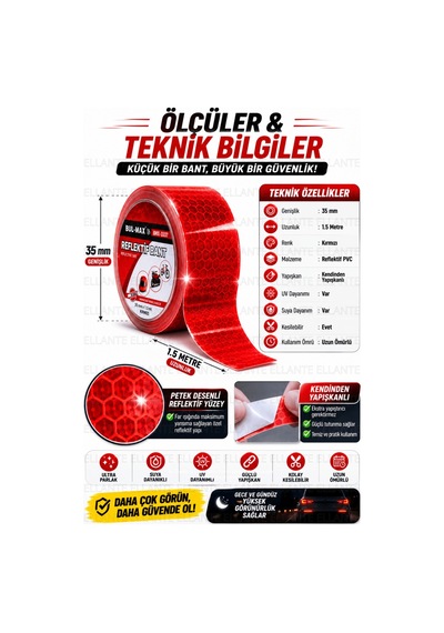 Kırmızı Reflektif Bant 3.5 Cm X 1.5 Metre Kendinden Yapışkanlı Gece Görünürlük Güvenlik Bandı Bisikl