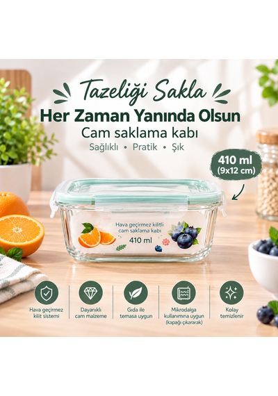 Çemi 3'lü Kilitli Dikdörtgen Cam Saklama Kabı Seti Hava Geçirmez Saklama Kabı
