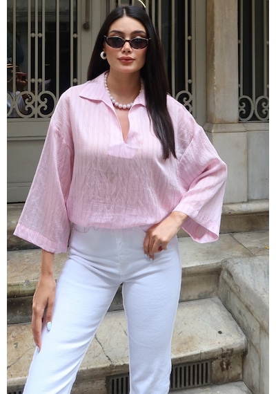 Kechi Woman Çizgili Transparan Kumaş Polo Yaka Bluz Pembe