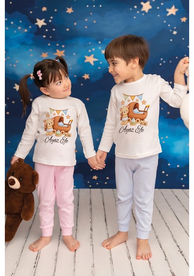 Pia Baby İsme Özel Erkek Çocuk Pijama Takımı %100 Pamuk Penye İsim Baskılı Kişiye Özel Çocuk Pijaması 20188p14pi Krem