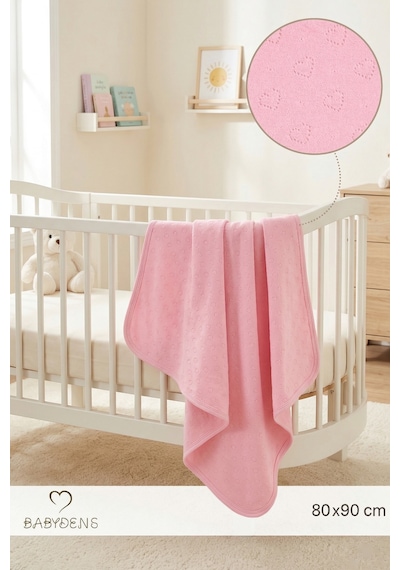 Babyden's Kalp Desenli Jakarlı %100 Pamuklu Nefes Alabilen - Yumuşak Bebek Battaniyesi Pembe
