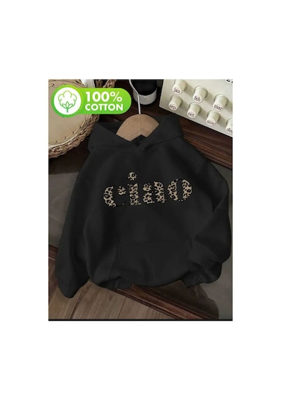 Herkesemoda Ciao Yazı Detay Baskılı İçi Polarlı Kapüşonlu Sweatshirt Siyah