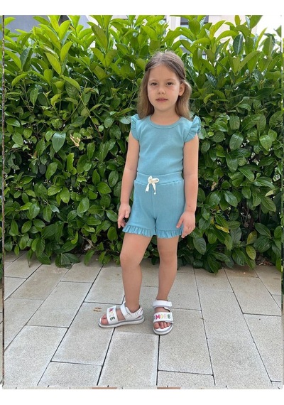 My Kids Wear Fırfırlı Kız Çocuk Şort Takım Mavi