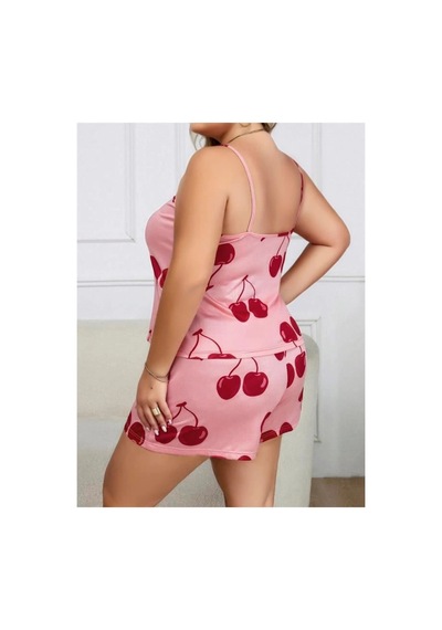 Kapsulavm Büyük Beden Pembe Kiraz Desen İnce Askılı Pamuklu Şortlu Pijama Takımı Pembe