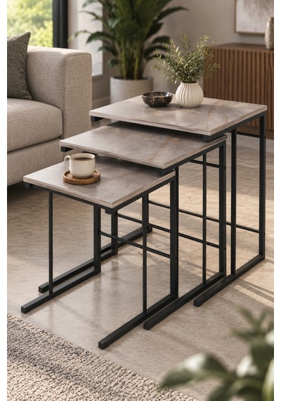 Sulorahome 3'lü Kare Zigon Sehpa Seti Gri Mermer Desenli Metal Ayaklı Açık Gri