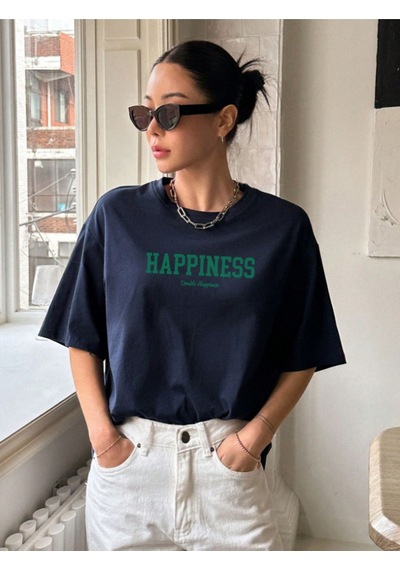 Unisex Pamuklu Happiness Ön Baskılı Tasarım Tshirt Lacivert