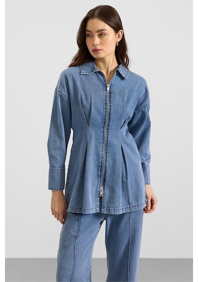 Olcay Fermuar Ve Pens Detaylı Ceket Pantolon Denim İkili Takım Açık Mavi 9396-tk