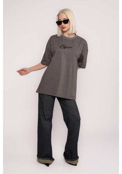 Füme Baskılı Oversize Tişört Mg1491