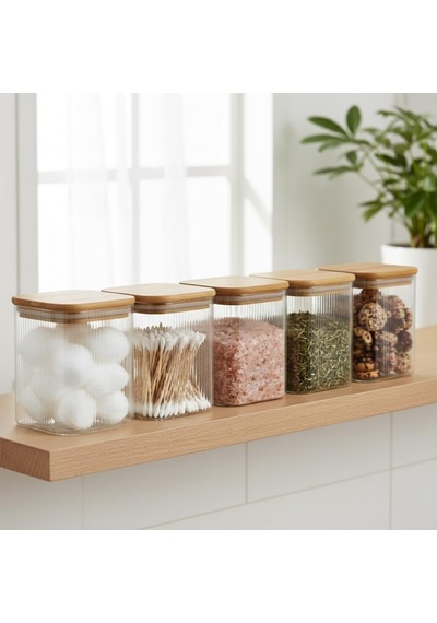 Bambu Kapaklı Kare Cam Kavanoz 350 Ml, Sızdırmaz Contalı, Şeffaf Çizgili Tasarım, Çok Amaçlı Saklama Kabı Çok Renkli