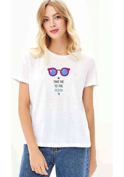 Take Me To The Ocean Gözlük Baskılı Beyaz Kadın Tshirt