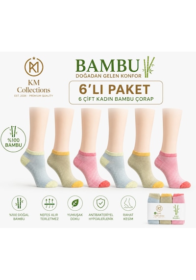 Km Collections 6'lı Set Özel Parfümlü Kadın Bambu Kısa Çorap Çok Renkli