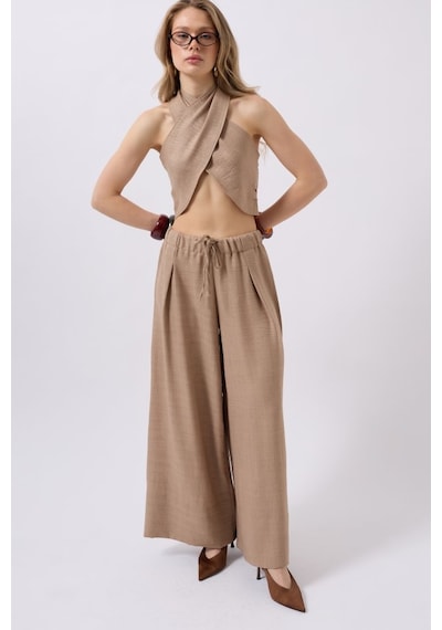 Hazego Düşük Bel Oversize Keten Pantolon Vizon