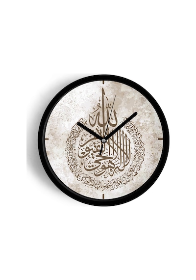 Ayet-el Kürsi Arapça Hat Yazılı Dekoratif Duvar Saati İslami Sanat Tasarımı - 25cm - Önü Camlı-jh1203 Siyah