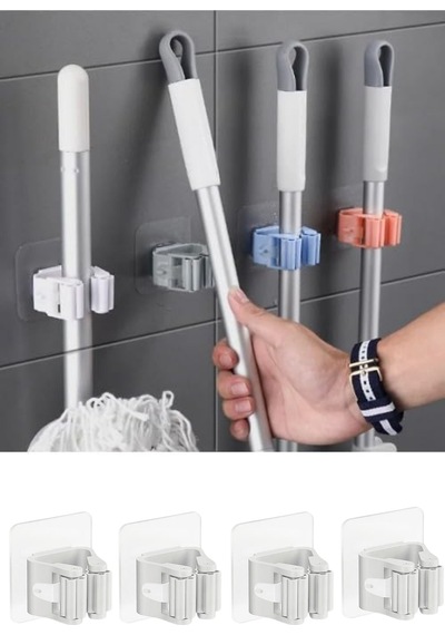 4 Adet Yapışkanlı Pratik Mop & Temizlik Fırçası Tutucu Duvar Monteli Süpürge & Mop Askısı Çok Renk Diğer