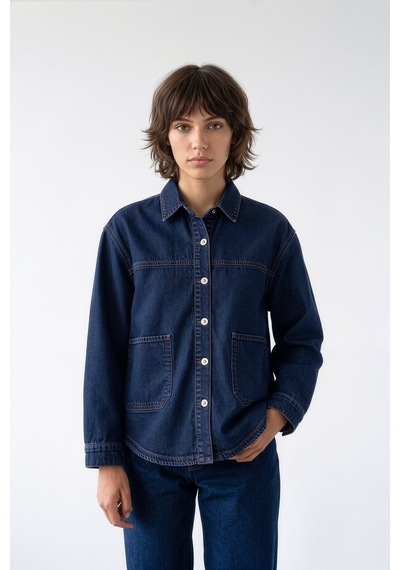 Kadın Gömlek Yaka Oversize Koyu Mavi Jean Ceket