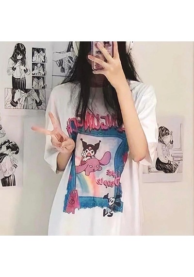 Adrift Y2k Harajuka Style Etiket Anime Harajuku Kuromi Greengungchi Tshirt Arskuromimagictshirt Beyaz
