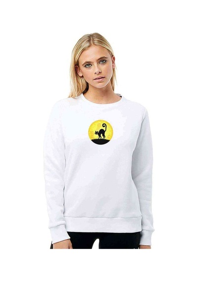 Black Cat In The Moon Baskılı Beyaz Kadın Sweatshirt