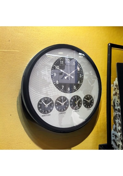Dünya Saatleri Otel Duvar Saati Metal Siyah Çerçeve Çap 52 Cm Siyah