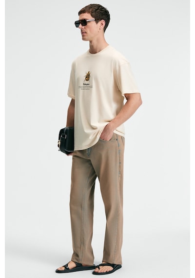Grimelange BOLD Erkek %100 Pamuk Oversize Fit Baskılı Kısa Kollu Yuvarlak Yakalı Vanilya T-Shirt