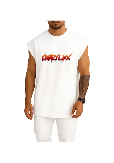 Oversize Logo Crazy Lixx Music Glam Metal Hard Göğüs Tasarımlı Unisex Spor Atlet Beyaz