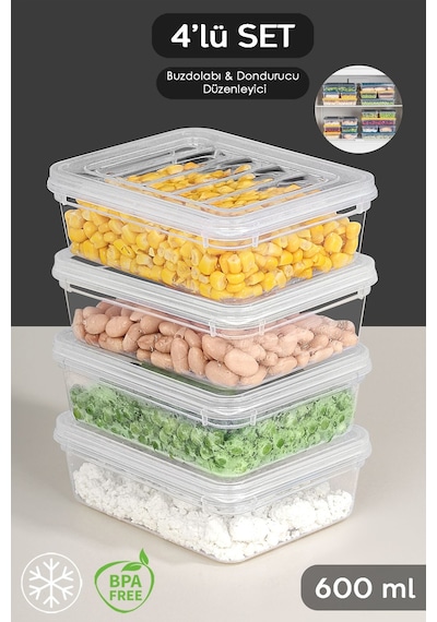4'lü Şeffaf Kapaklı Mikrodalga Uyumlu Saklama Kabı - Organizer Düzenleyici Gıda Erzak Kabı 4x600ml Şeffaf