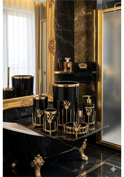 Makri Home Gold Kaplama Metal Stantlı 5 Parça Mermer Desenli Ve Düz Renk Seçenekli Banyo Aksesuar Takımı Siyah