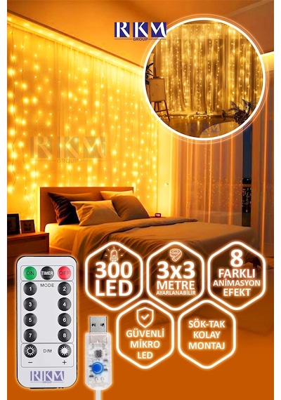 Dekoratif Perde Led 3x3 Gün Işığı Peri Led 300 Ledli 3mx3m Kumandalı 8 Modlu Usb'li Süsleme Ledi Gün Işığı