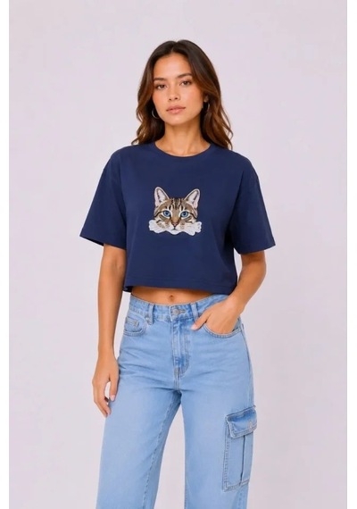 Defymoda Kedi Baskılı Oversize Crop Tişört Salaş Basic Yarım Kol T-shirt - Lacivert