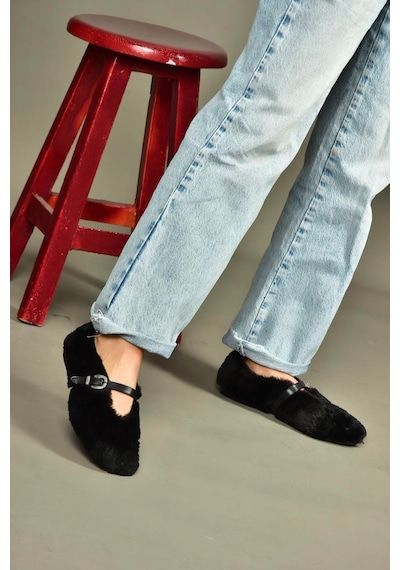 Fox Shoes V820105504 Siyah Peluş Günlük Düz Kadın Babet Siyah