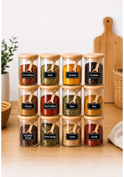 12'li Etiketli Kaşıklı Bambu Kapaklı 250 Ml Kavanoz Baharatlık Ve 12 Adet Mini Baharat Kaşığı 24 Parça Baharat Seti Diğer