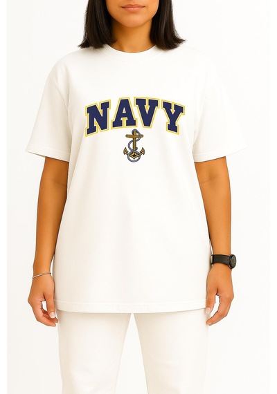 Bahriyeli Collection Oversize Blue Navy Anchor Göğüs Ve Sırt Baskılı Unisex T-shirt Beyaz